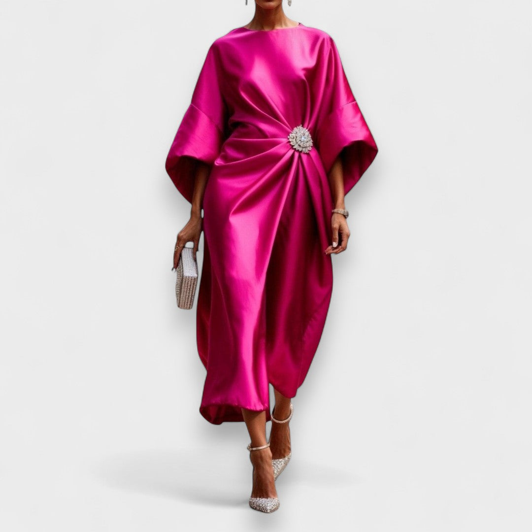 Pearl Satin Gown | Draped Ivory, Jewel Accent, Wide Sleeve