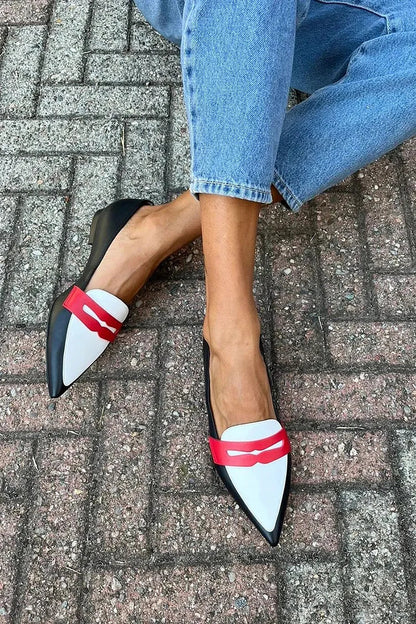 Women's Pointed Toe Loafers – Slip-On Two-Tone Vamp Strap
