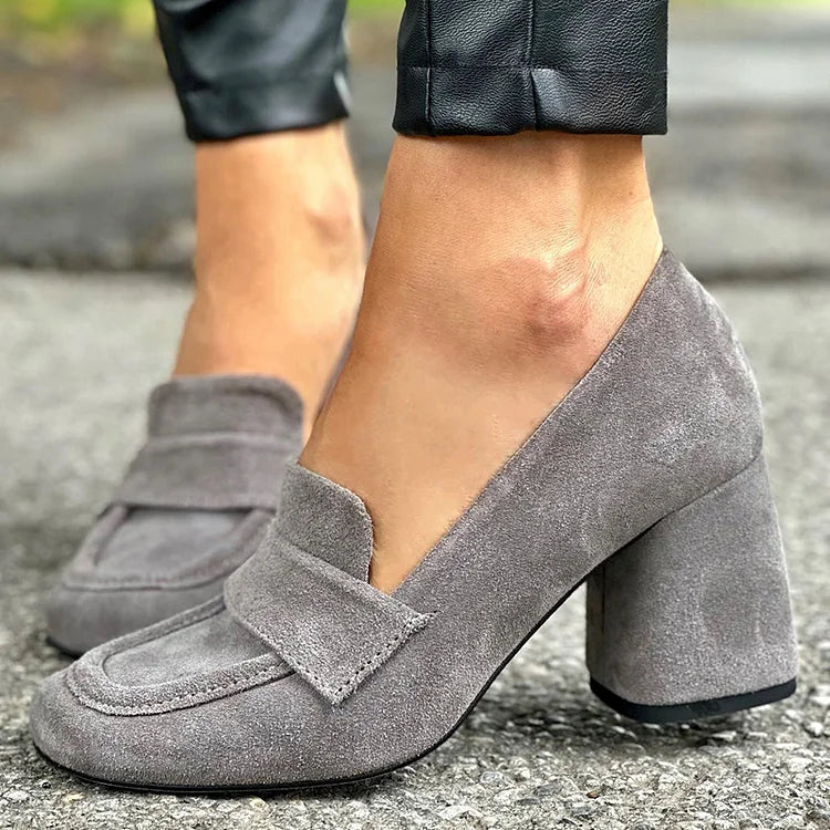 Women's Block Heel Loafers – Slip-On Closed Toe Seam Detail