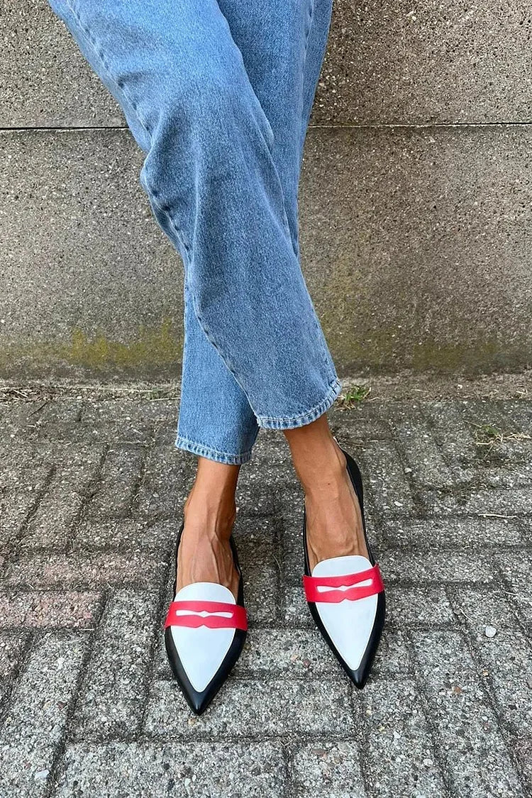 Women's Pointed Toe Loafers – Slip-On Two-Tone Vamp Strap