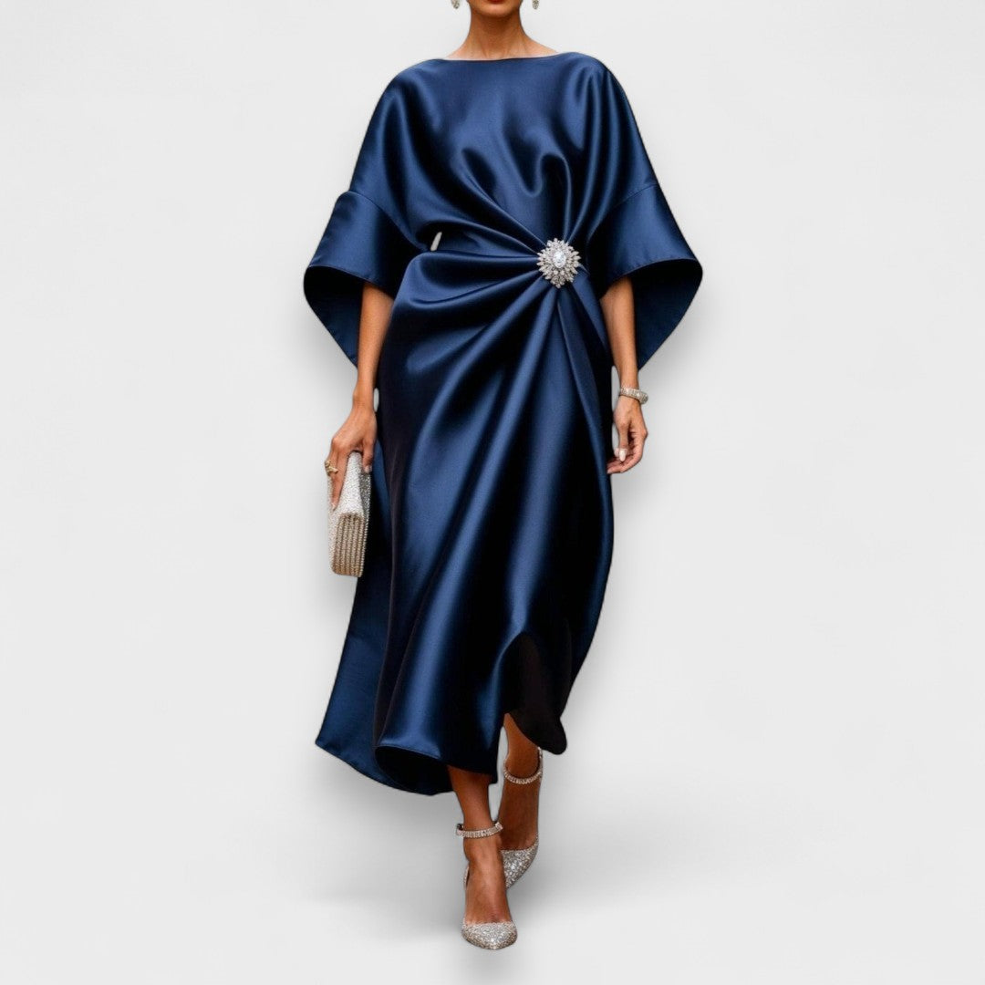 Pearl Satin Gown | Draped Ivory, Jewel Accent, Wide Sleeve