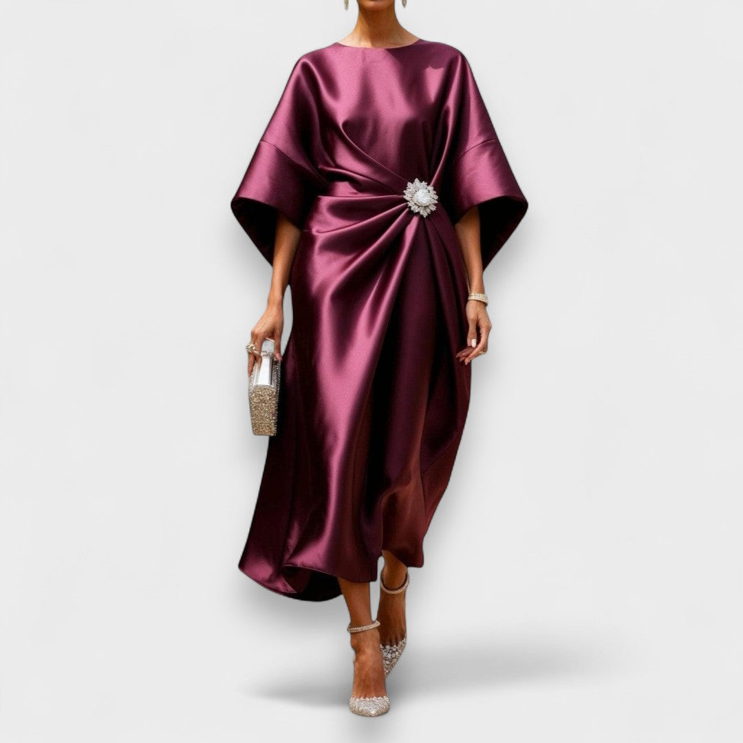 Pearl Satin Gown | Draped Ivory, Jewel Accent, Wide Sleeve