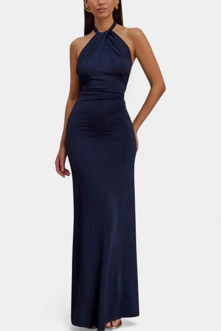 Trinity Halter Dress | Fitted Ruched, Low Back, Alluring
