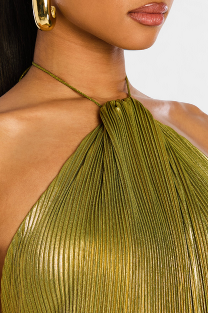 Nova Metallic Halter Dress | Open Back, High Slit, Peridot