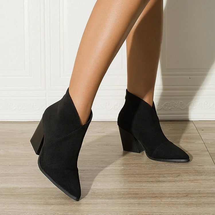 Women's Ankle Boots – Pointed Toe Block Heel Clean Upper