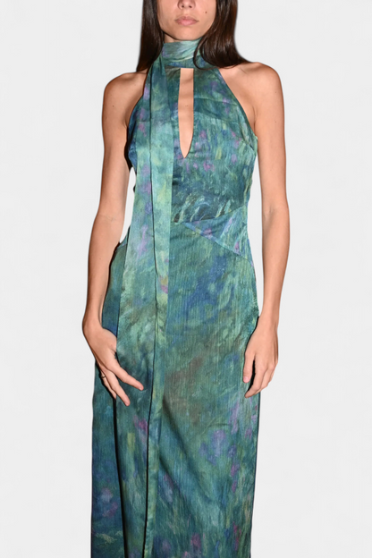 Monet Chiffon Dress | Impressionist Print, High Neck
