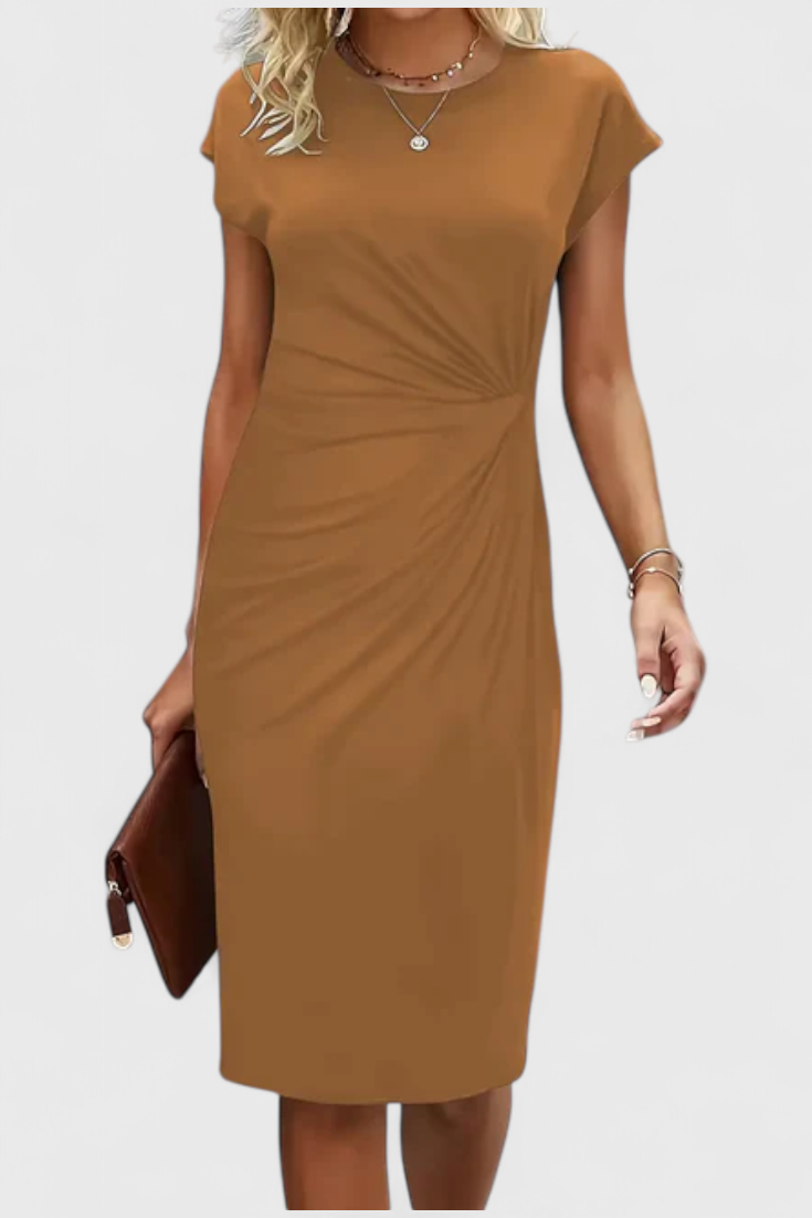 Katrina Draped Midi Dress | Round Neck, Fitted, Timeless