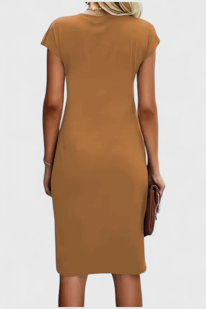 Katrina Draped Midi Dress | Round Neck, Fitted, Timeless