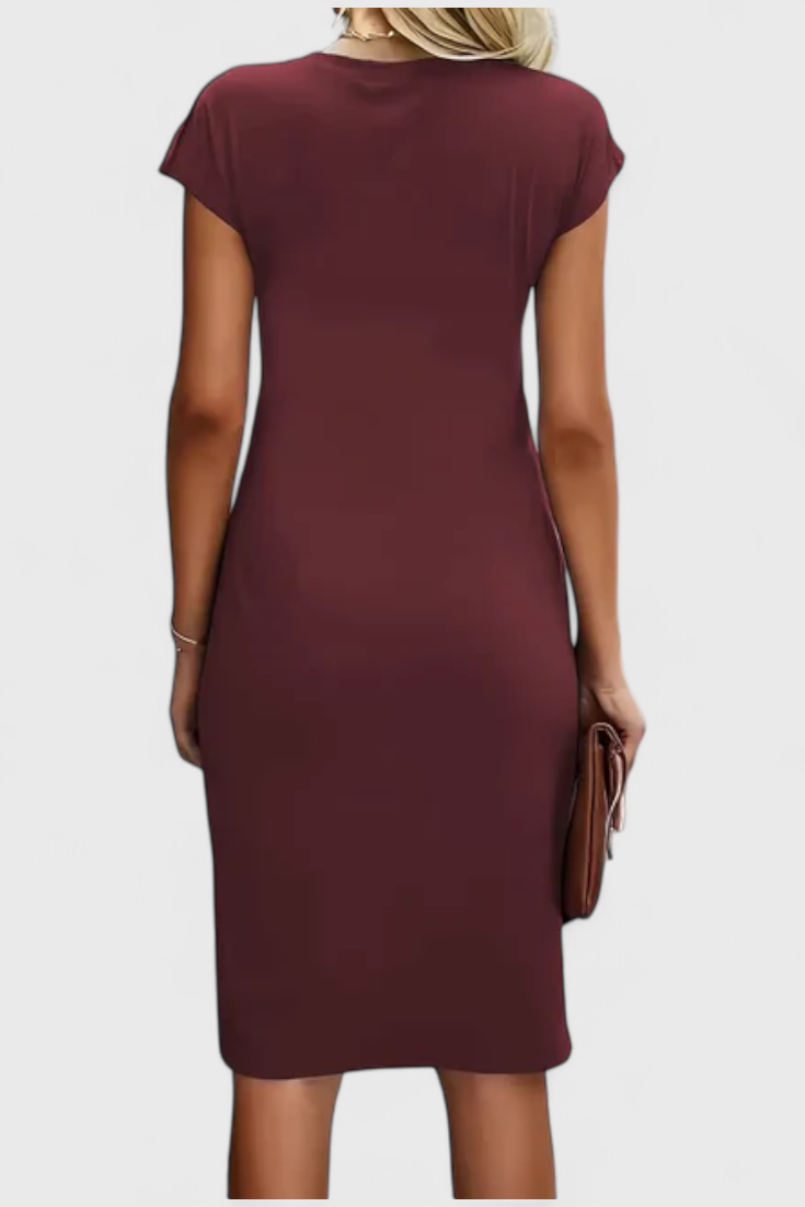 Katrina Draped Midi Dress | Round Neck, Fitted, Timeless