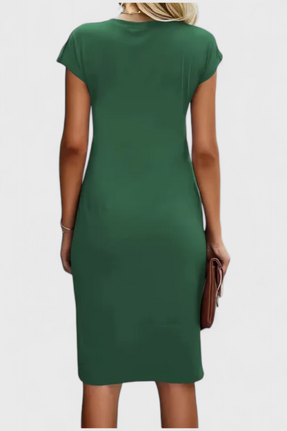 Katrina Draped Midi Dress | Round Neck, Fitted, Timeless