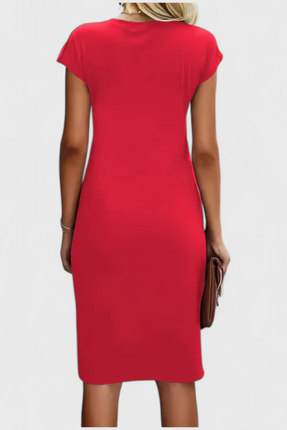 Katrina Draped Midi Dress | Round Neck, Fitted, Timeless