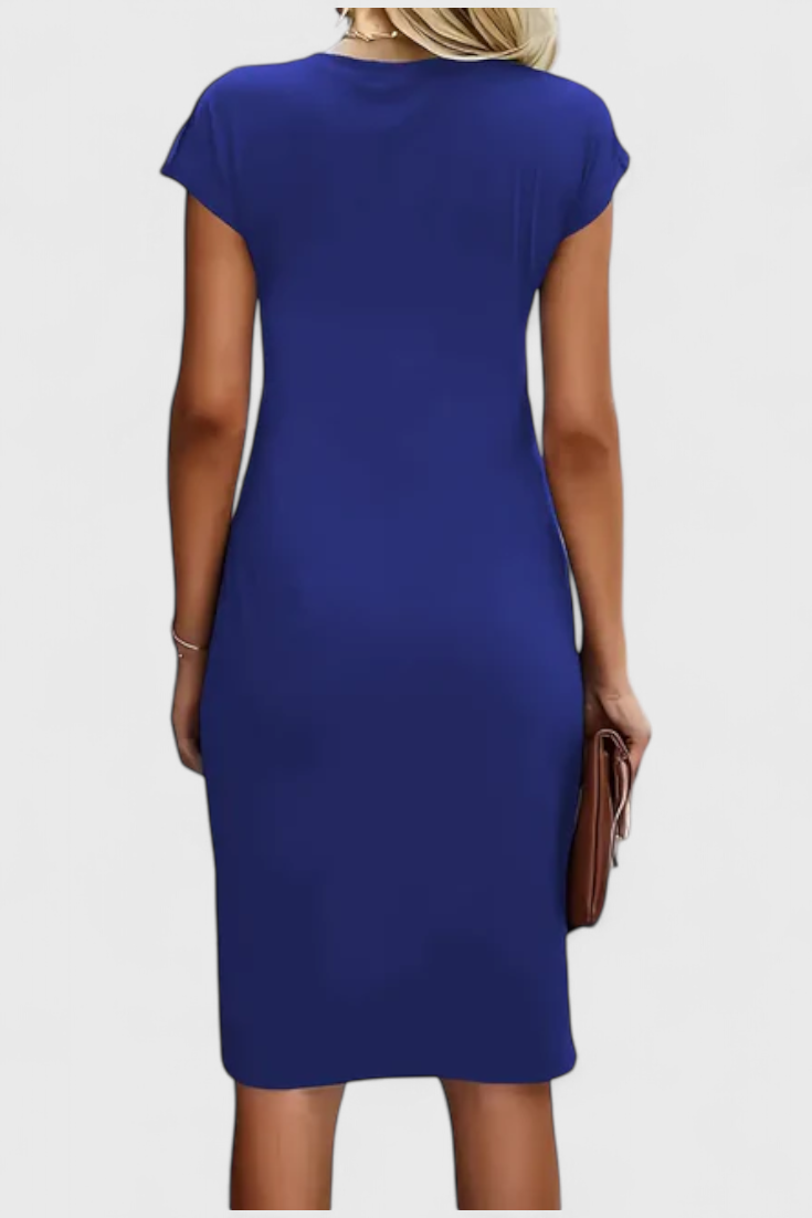 Katrina Draped Midi Dress | Round Neck, Fitted, Timeless