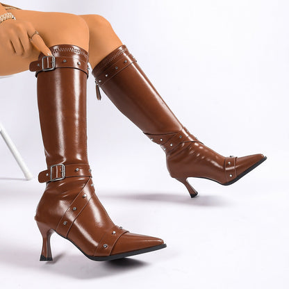 Women's Knee High Boots – Kitten Heel Pointed Toe Buckle Straps