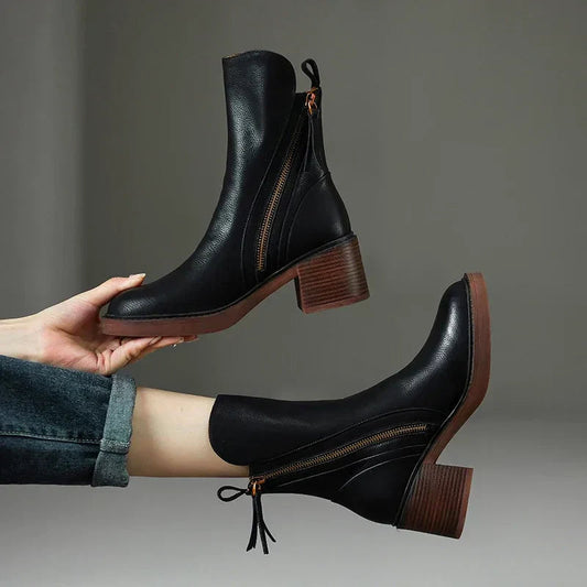 Women's Mid-Calf Boots – Side Zip Tassel Block Heel