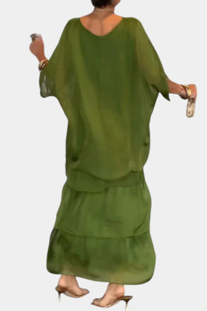 Caroline Maxi Dress | Bat Sleeves, Ruffled Skirt, Relaxed