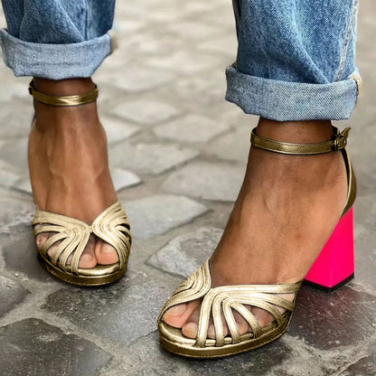 Women's Block Heel Sandals – Open Toe Ankle Strap Multi-Strap