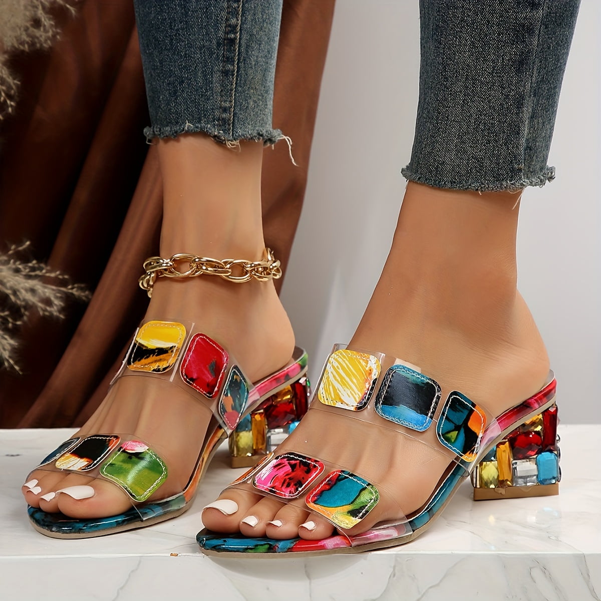 Women's Block Heel Slide Sandals – Open Toe Multi-Strap