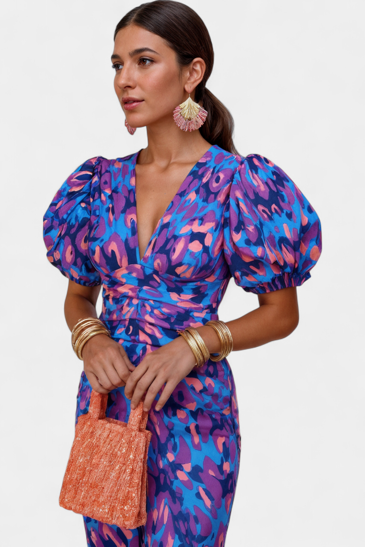 Mira Bold Print Dress | Puff Sleeves, Ruched Waist
