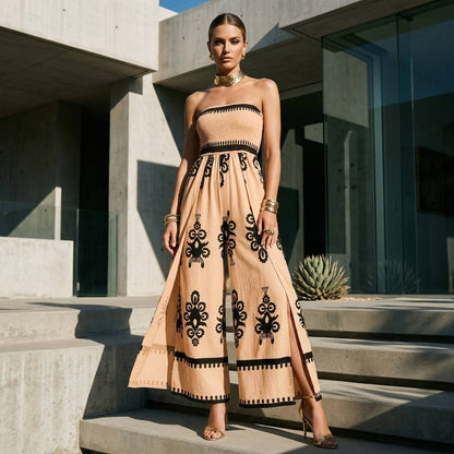 Apricot strapless wide-leg jumpsuit - Editorial fashion