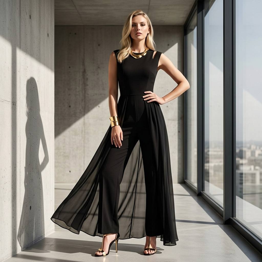 Black sleeveless wide-leg jumpsuit - Editorial fashion