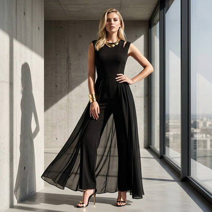 Black sleeveless wide-leg jumpsuit - Editorial fashion