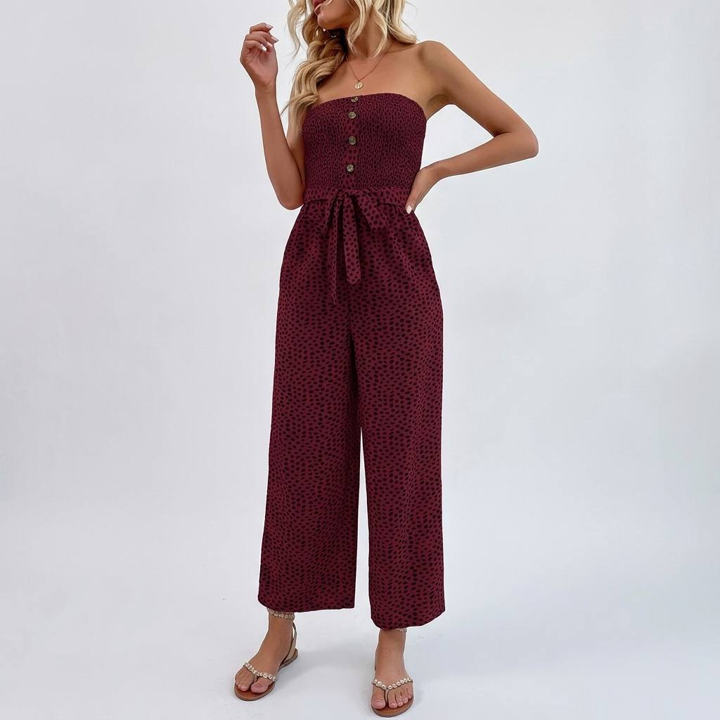 Strapless jumpsuit button detail burgundy - Studio clean