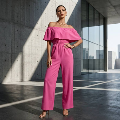 Pink off-shoulder jumpsuit - Editorial