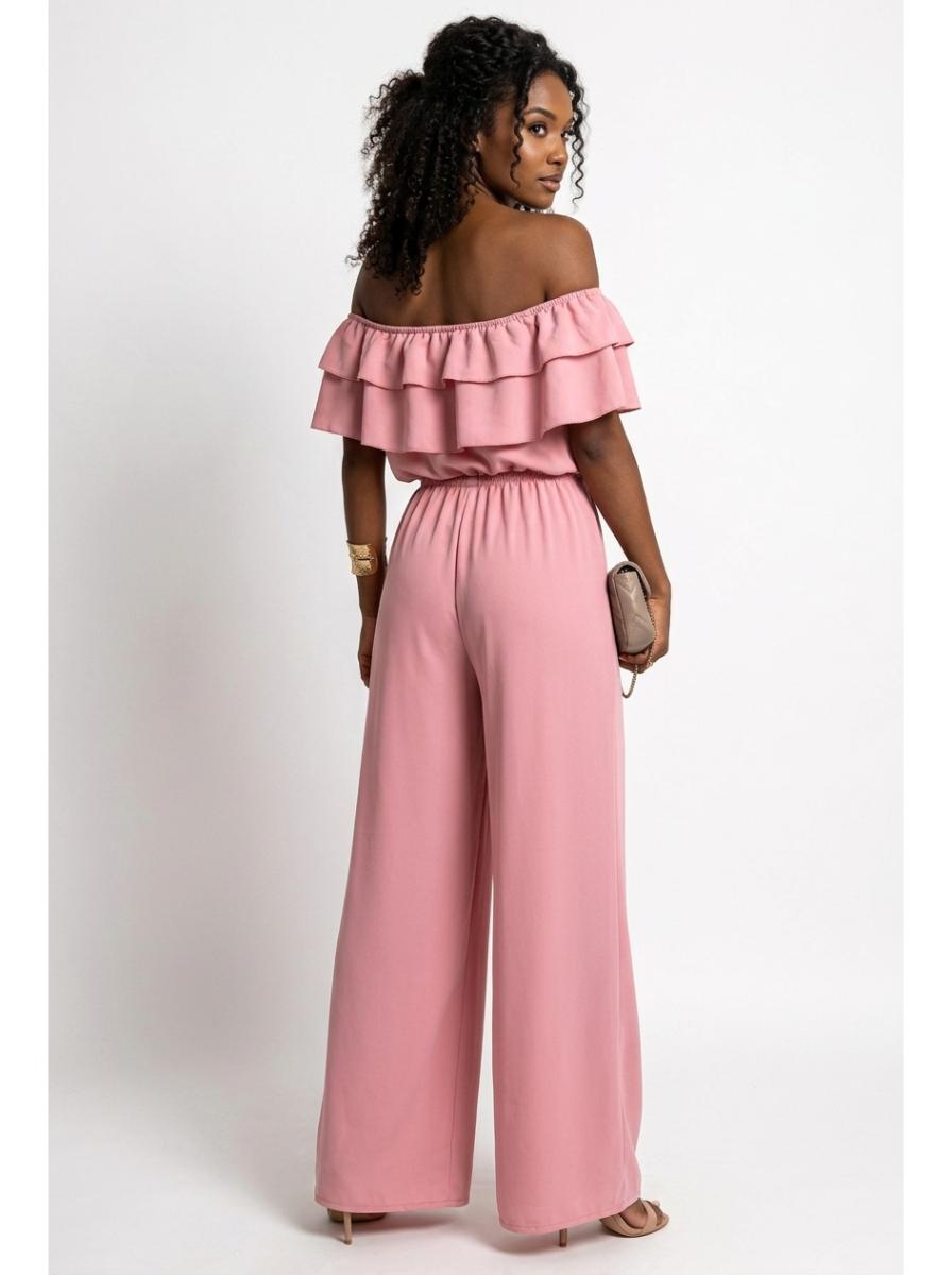 Pink off-shoulder ruffle jumpsuit - Back view