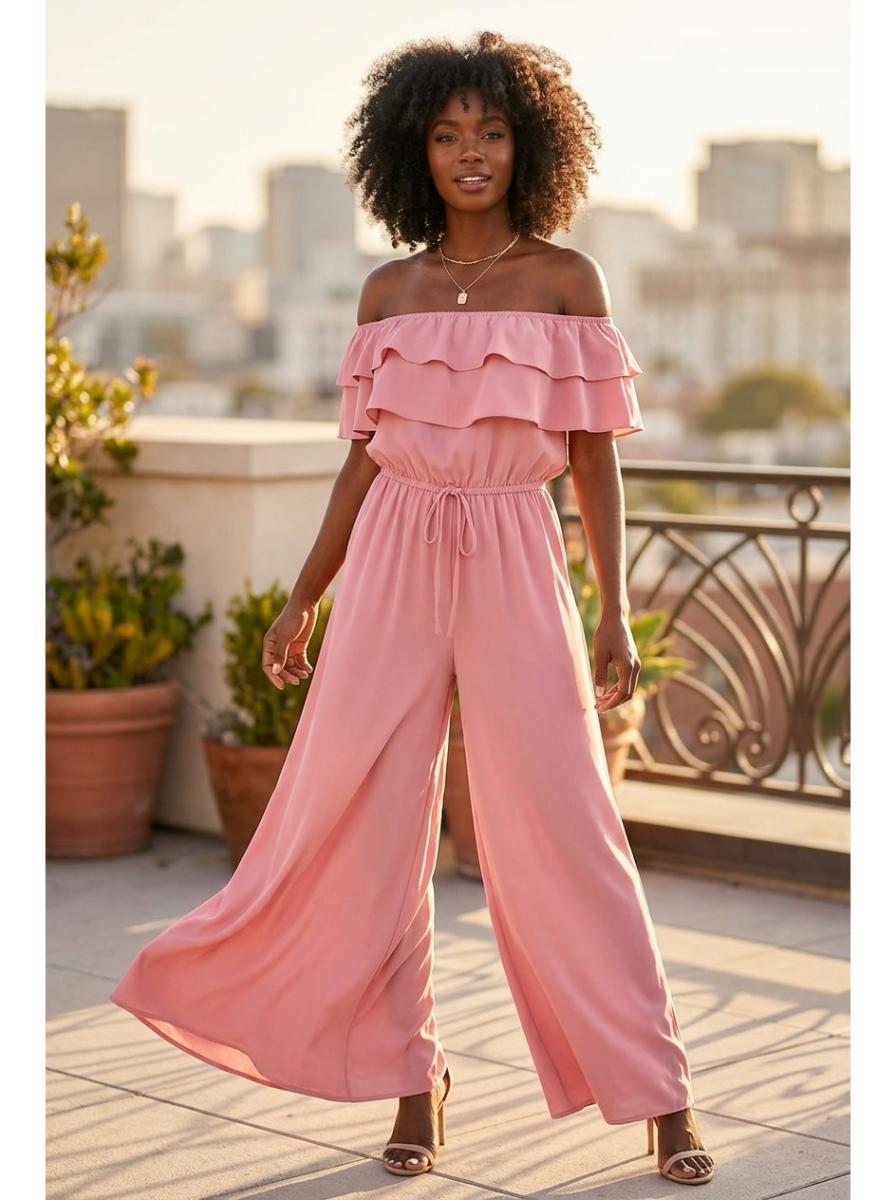 Pink off-shoulder ruffle jumpsuit - Hero