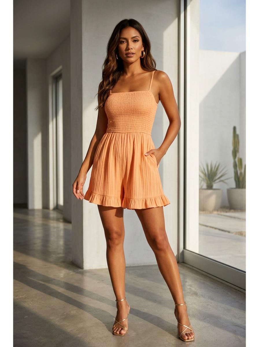 Smocked Ruffle Hem Playsuit Apricot - Editorial Fashion