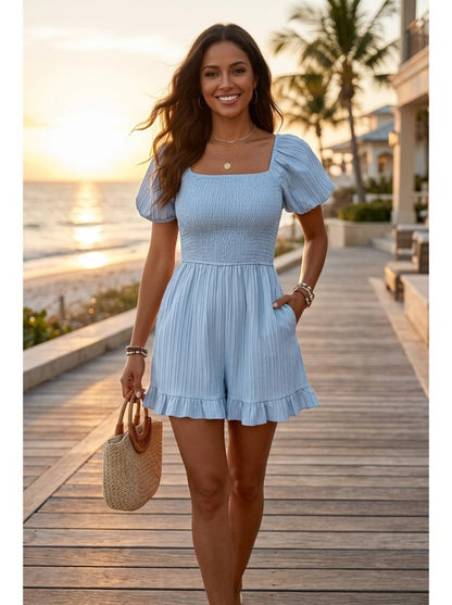 Smocked Ruffle Hem Playsuit Apricot - Hero Beach Sunset