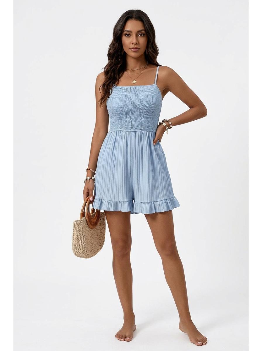 Smocked Ruffle Hem Playsuit Blue - Studio Clean