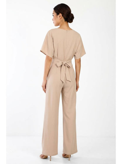 Elegant Wide Leg Jumpsuit Beige - Back View
