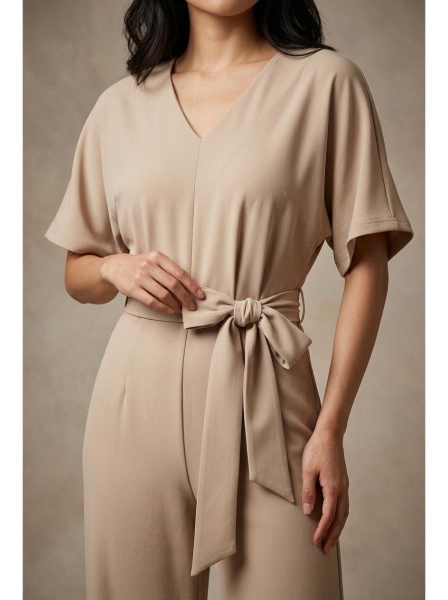 Elegant Wide Leg Jumpsuit Beige - Detail Close-up