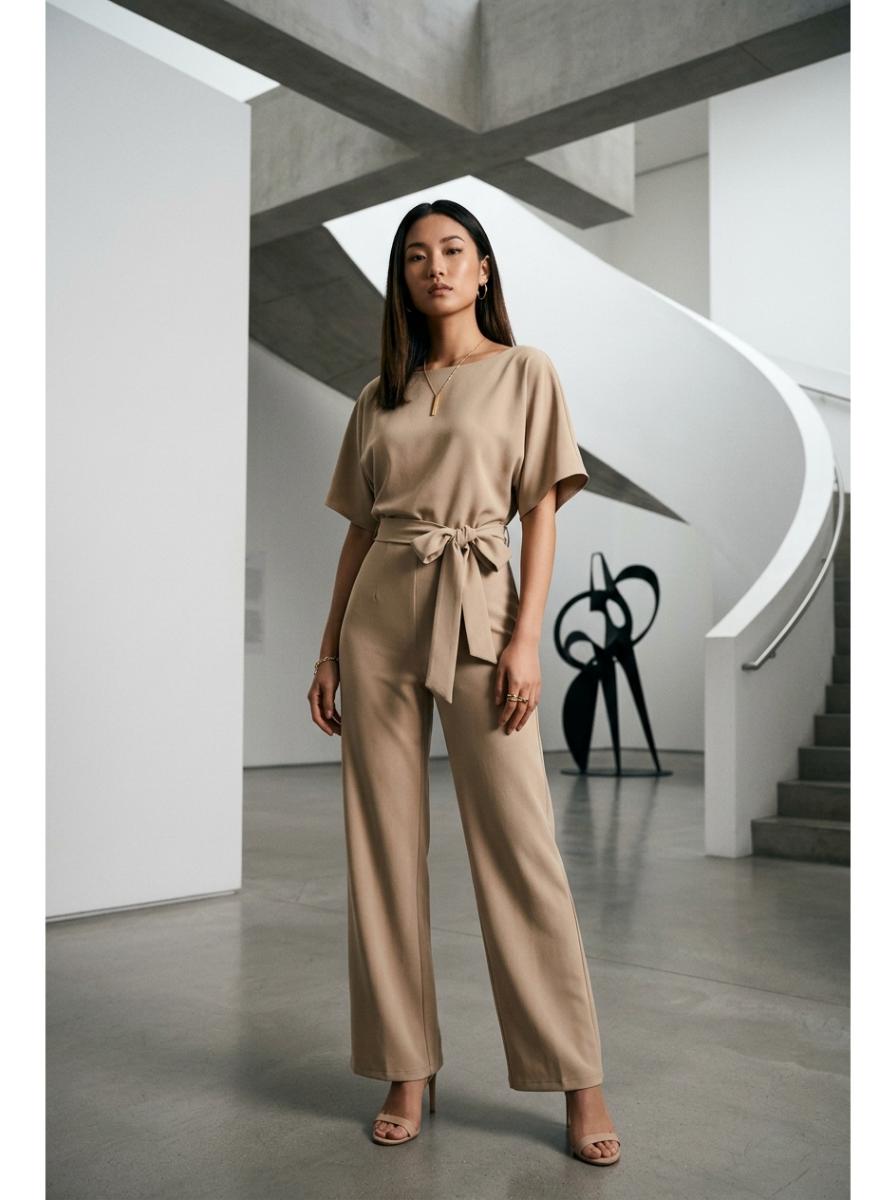 Elegant Wide Leg Jumpsuit Beige - Editorial Fashion