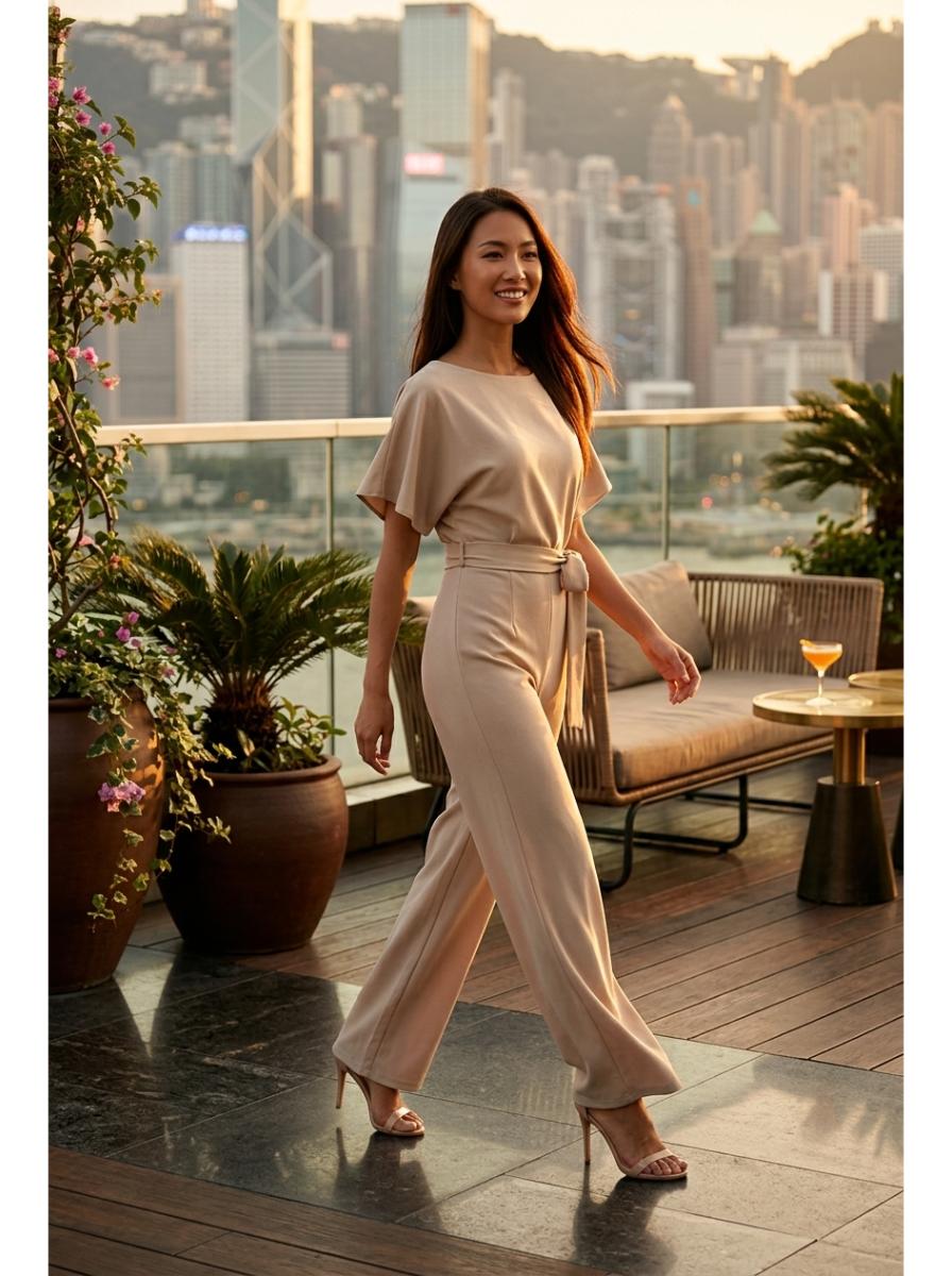 Elegant Wide Leg Jumpsuit Beige - Hero Rooftop Sunset