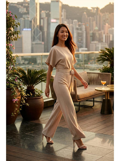 Elegant Wide Leg Jumpsuit Beige - Hero Rooftop Sunset