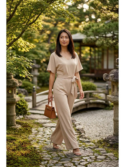 Elegant Wide Leg Jumpsuit Beige - Lifestyle Garden