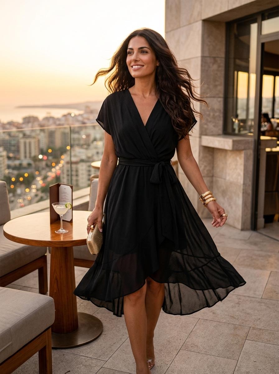 Zoe Wrap Mini Dress Black - Hero Rooftop Sunset